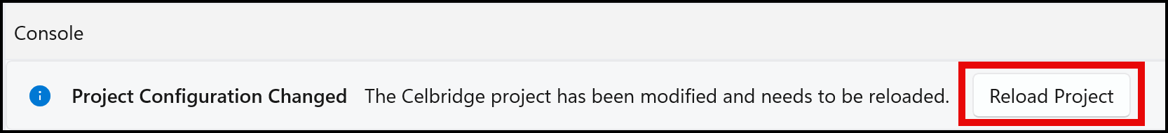 Screenshot showing button in Console panel allowing user to to Reload Project