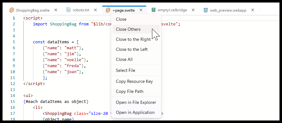 Screenshot showing Document tab context menu choices