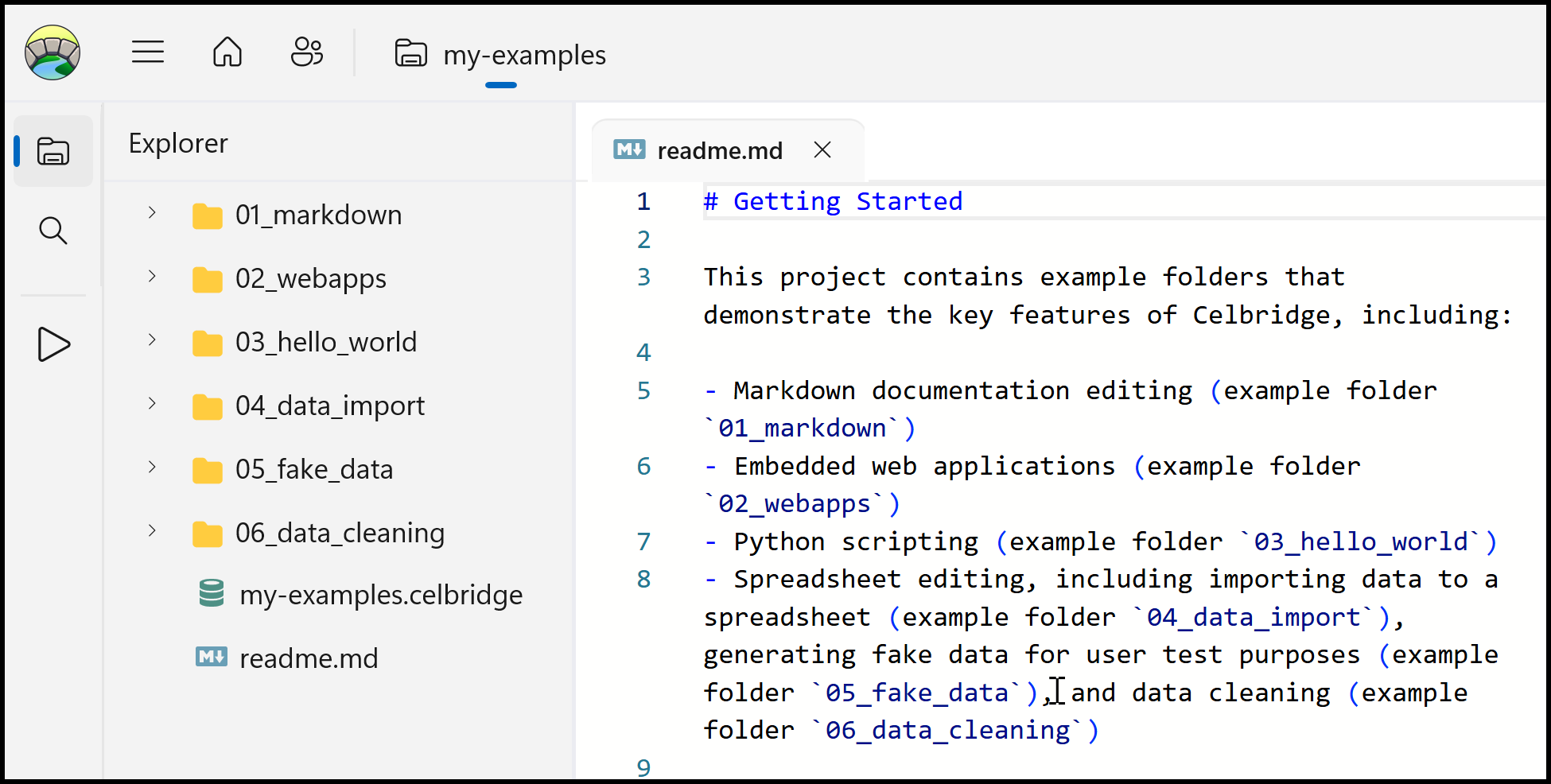 Screenshot showing Celbridge project containing examples