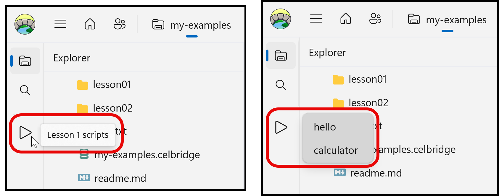 Screenshot showing shortcut button tooltip for Lesson 1 scripts menu