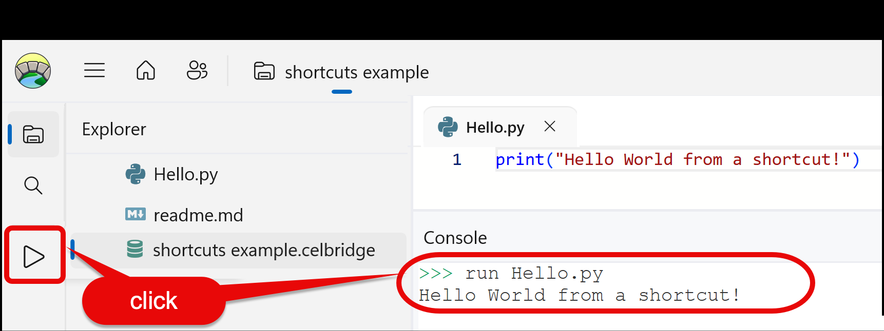 Screenshot showing shortcut button running a Python script