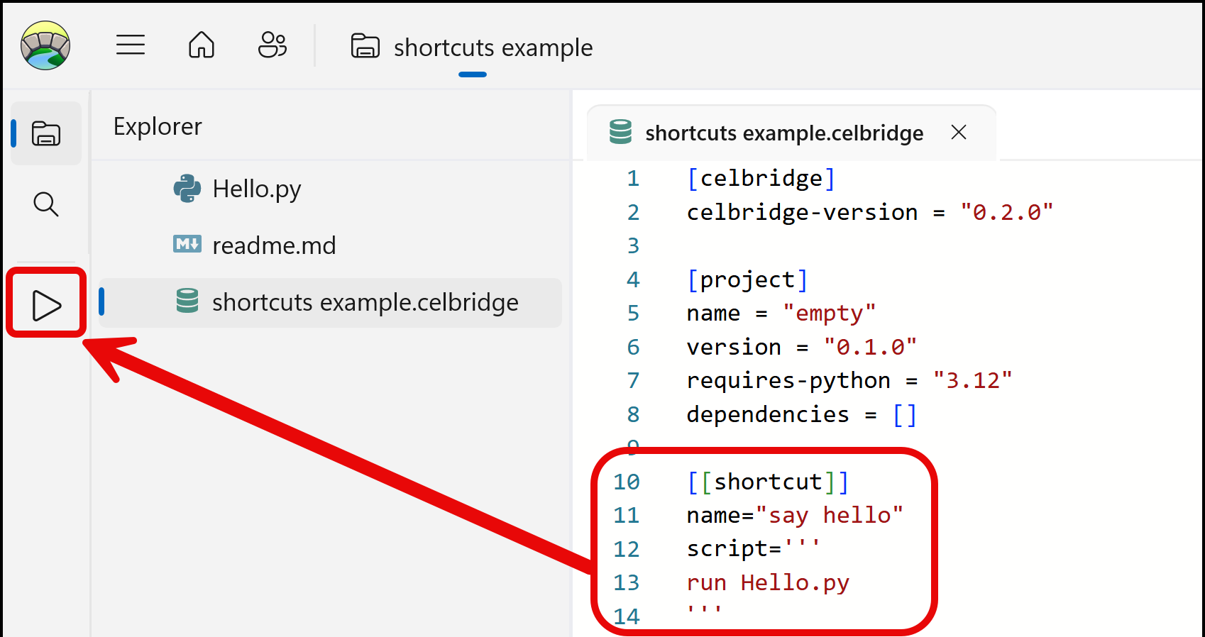Screenshot showing shortcut button in .celbridge file