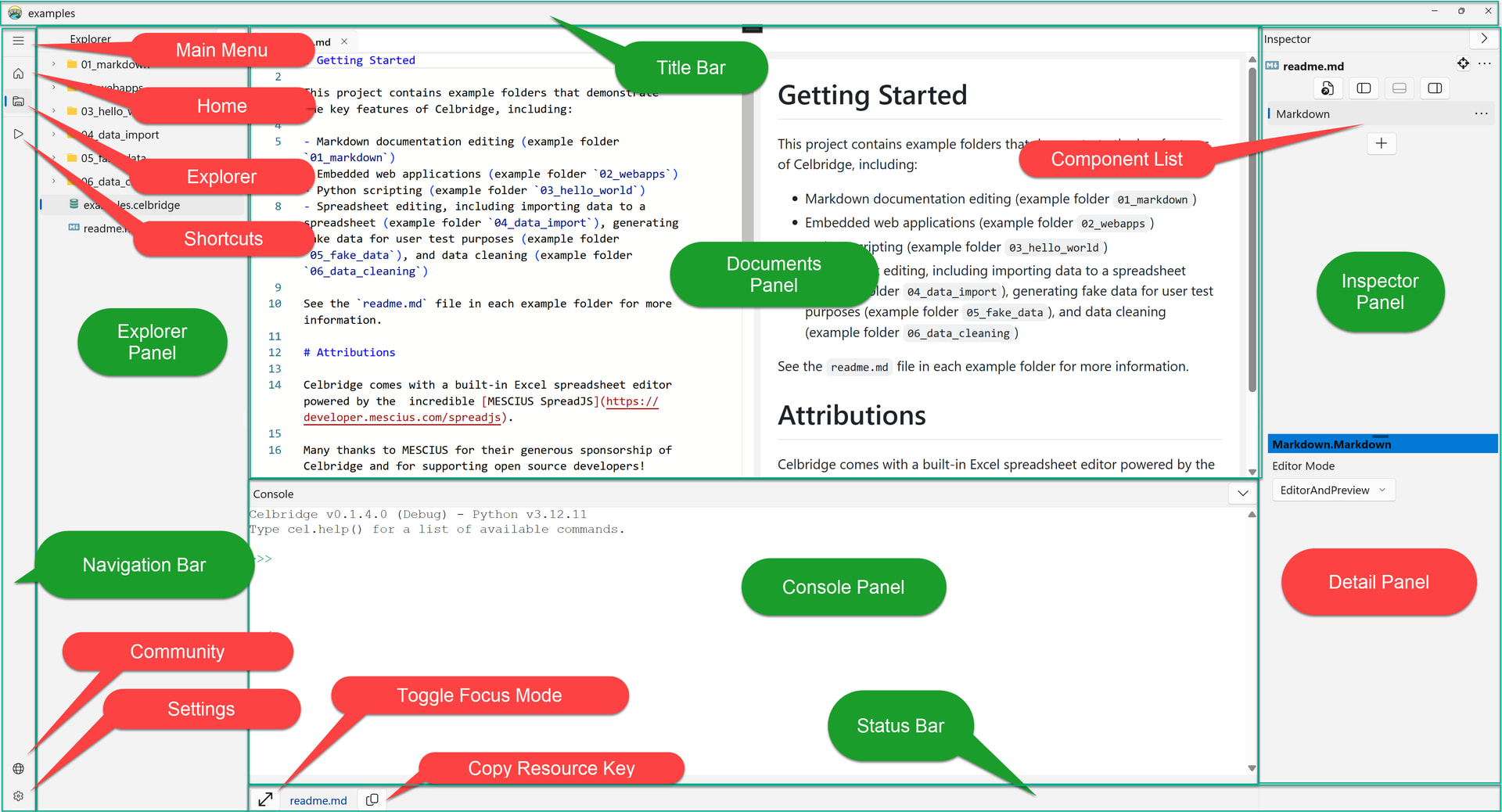 Annotated screenshot showing Celbridge UI areas