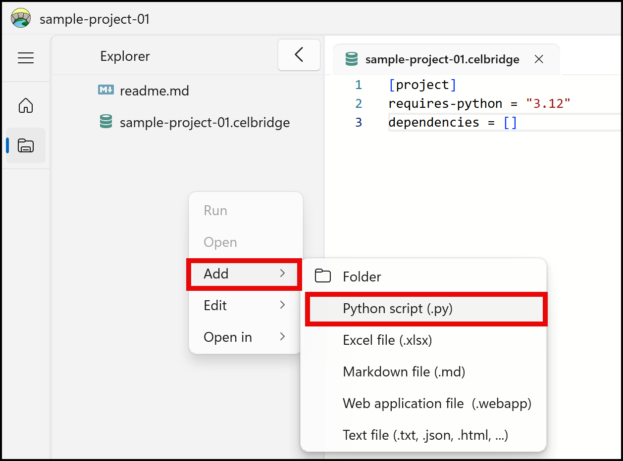 Screenshot showing context menu to create a new Python script file