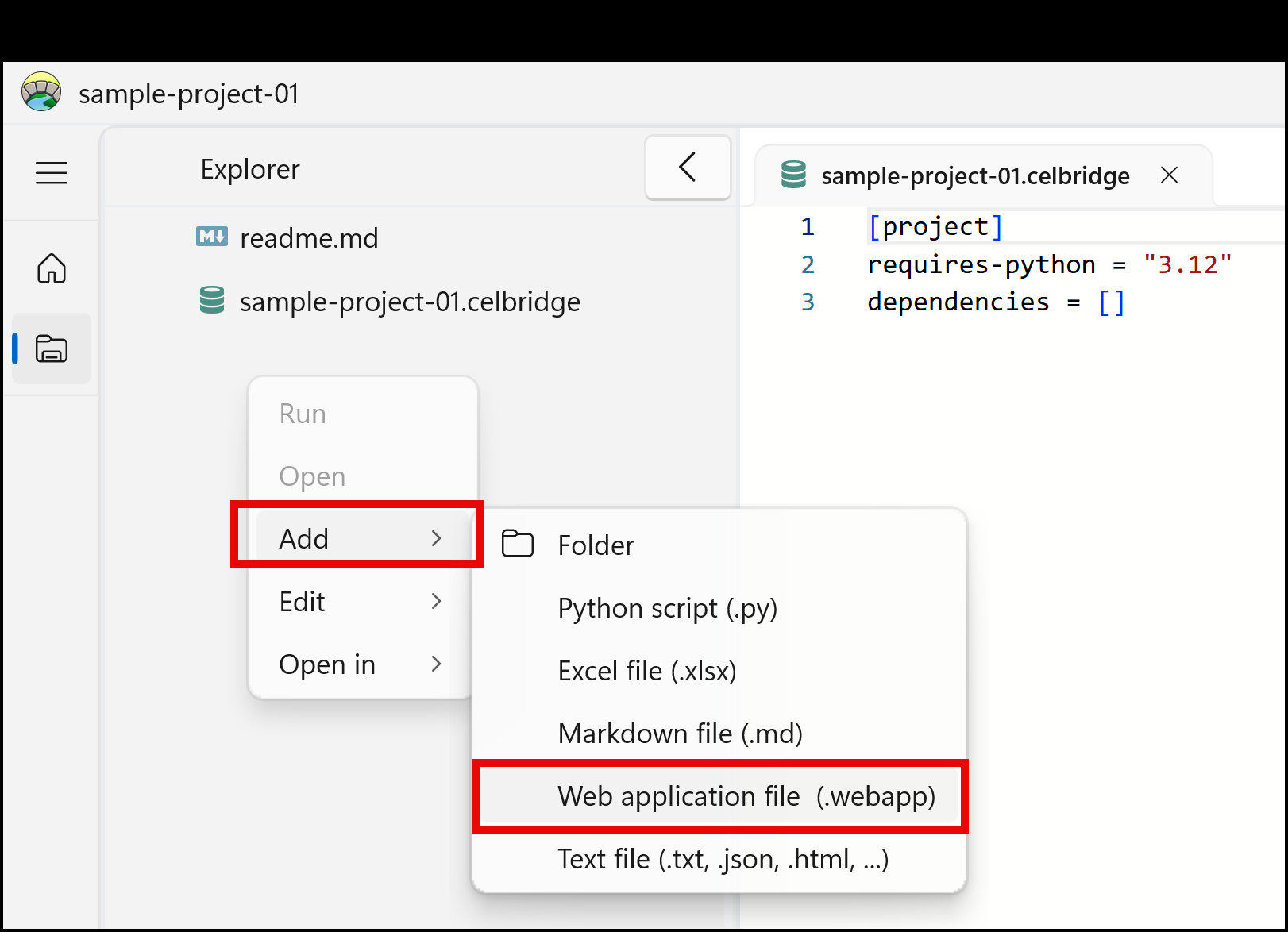 Screenshot showing context menu to create a new Web Application file