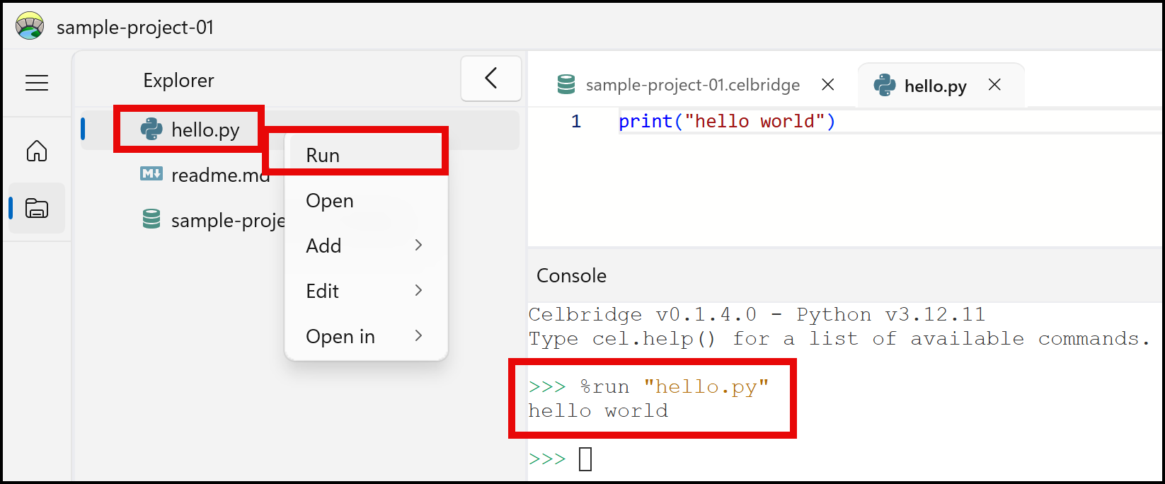 Screenshot showing Console output of running hello.py script