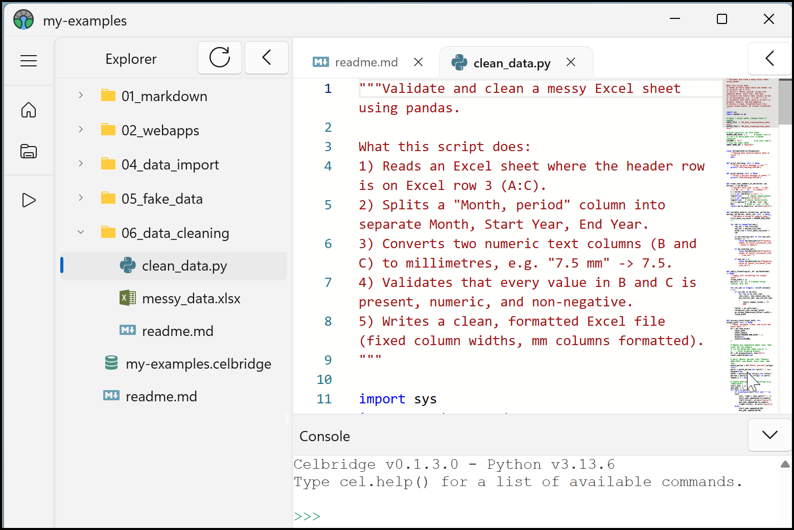 Screenshot showing Celbridge application with Python editor panel open