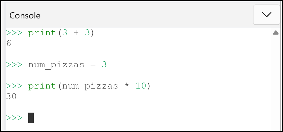 Screenshot showing Console panel with some Python REPL commands