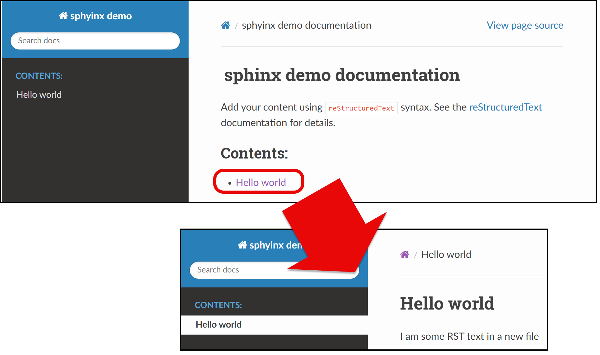 Screenshot showing Hello World page now part of website and nav list