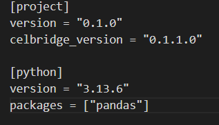 Screenshot showing Python version and extensions in .celbridge configuration file