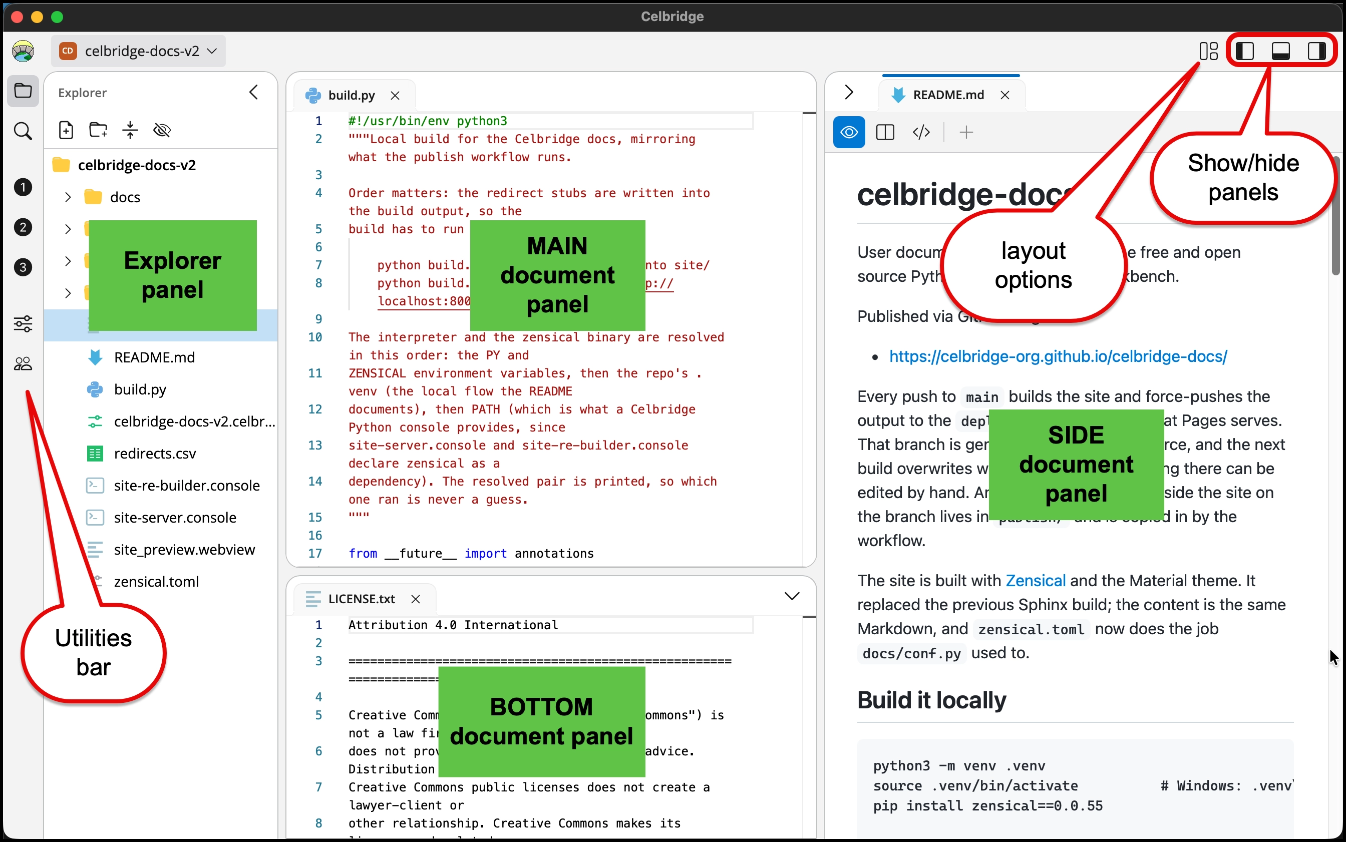 Annotated screenshot showing Celbridge UI areas