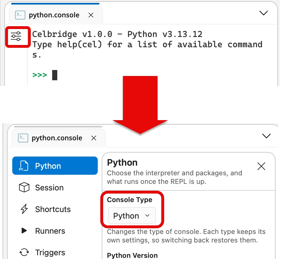 Screenshot showing console type changed to Python