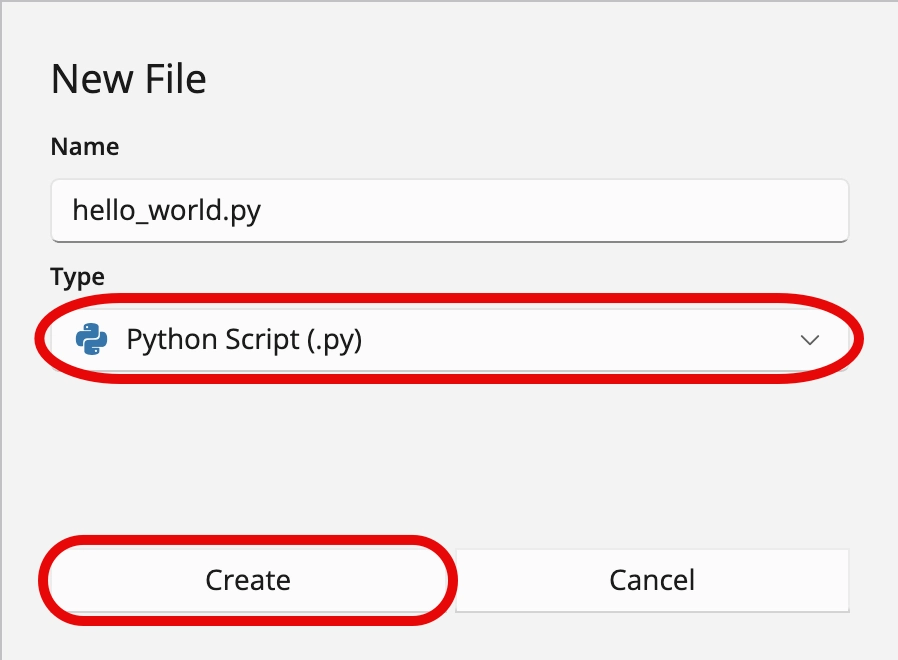 Screenshot showing context menu to create a new Python script file