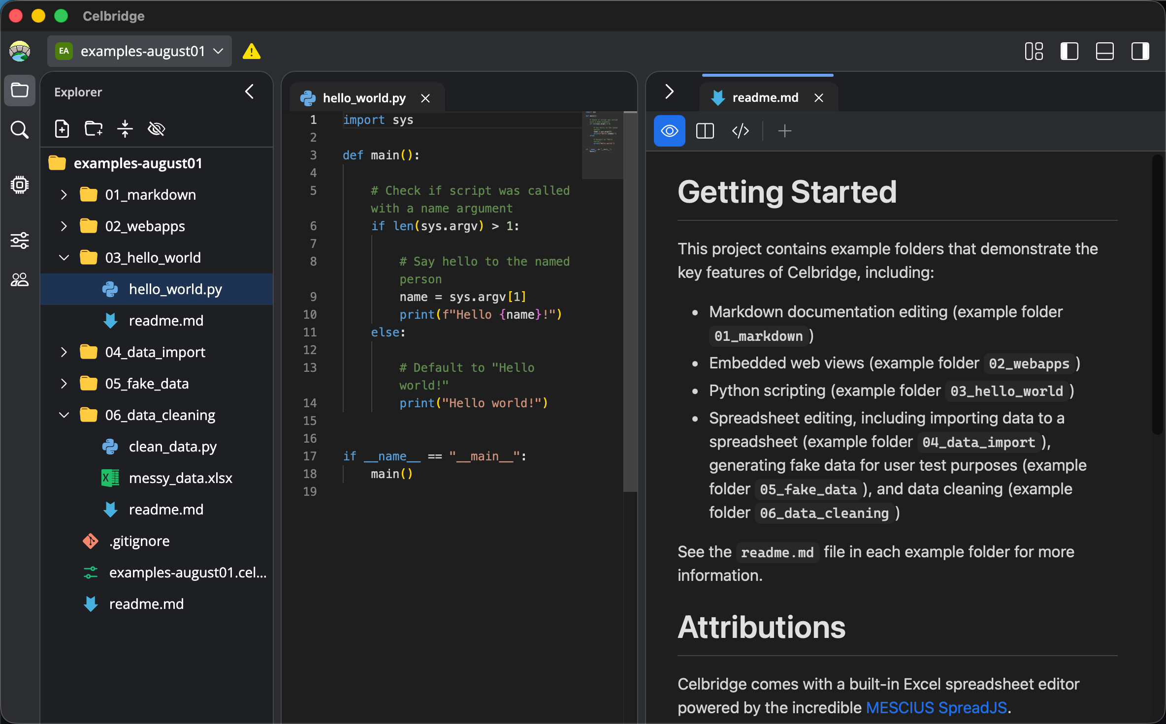 Screenshot showing Celbridge application with Python editor panel open
